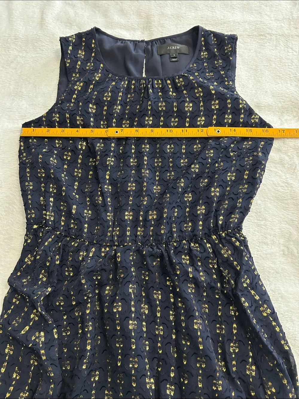 J Crew Silk Blend Textured Dress Size 2 Navy Blue Gold Chiffon Tiered Sleeveless